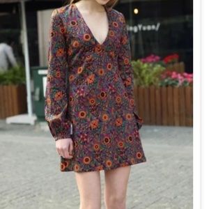ZARA Retro Dress Floral Pattern Print Deep V-neck Lantern Sleeve Casual Lady | S